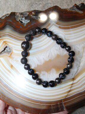 Beaded Stretch Bracelet Black Lava Stone & Hematite